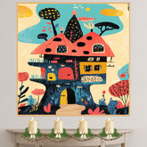 Whimsical Fantasy House with Bright Colors and Playful Mid-Century Modern Illustration Style on Ready to Hang 1.5" Thick Canvas Wrap, Floating Framed Canvas, Flat Rolled Canvas